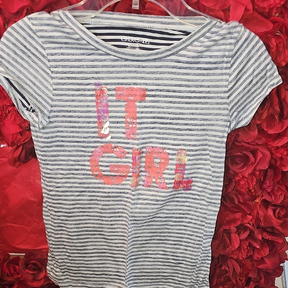 Cherokee Blue/White Striped Kids Shirt - With Pink Sequin Detail Size 7/8